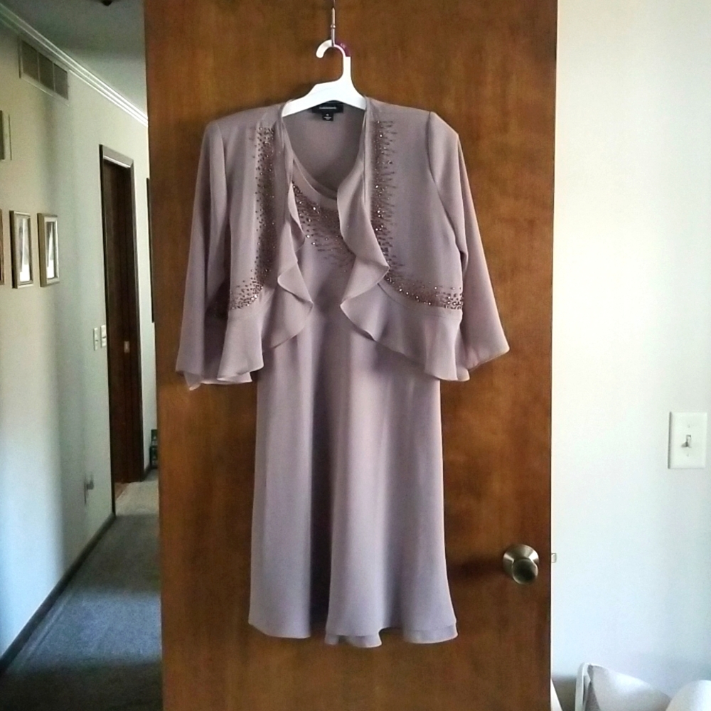 Two-Piece Dress with Beaded Neckline and Soft Jacket with Sheer Sleeves size 10
